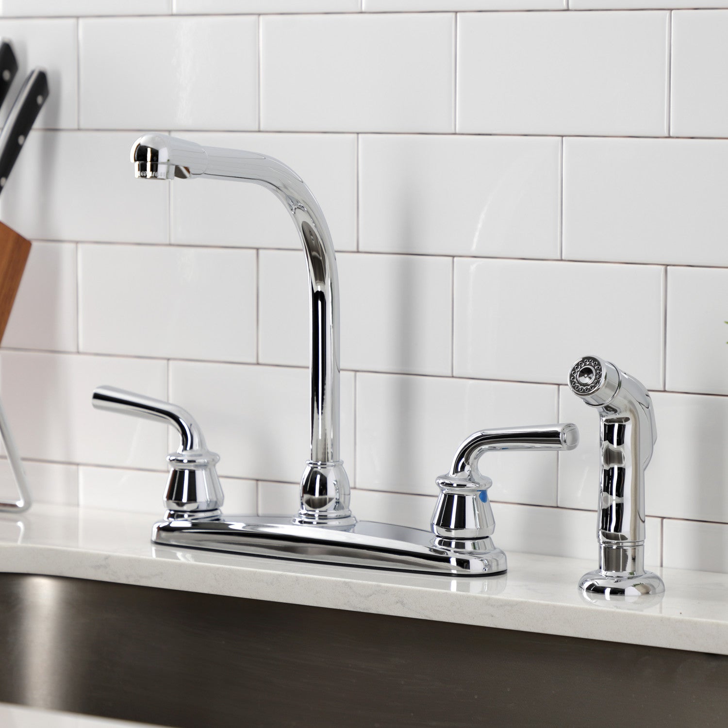 Kingston Tulare KB711RXLSP - Restoration Two-Handle 4-Hole 8" Centerset Kitchen Faucet with Side Sprayer, Polished Chrome — thumbnail 3